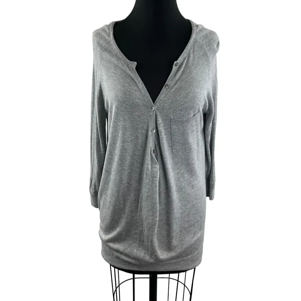 VINCE Gray Cashmere Blend Partial Button-Down 3/4 Sleeve Pullover Sweater Sz M
